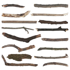set of old wooden branches isolated on white