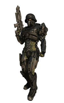 Science fiction illustration of a space marine commando wearing metallic armour isolated on white, 3d digitally rendered illustration
