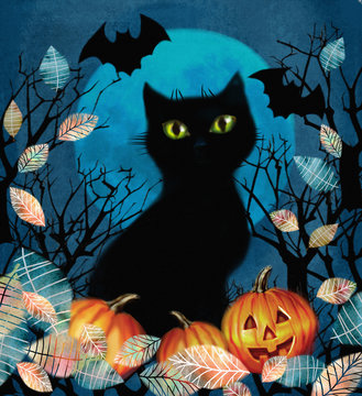 Happy Halloween illustration.Spooky background with autumn tree, black cat, bat flying in the night over dark forest with pumpkins in the fallen leaves on a full moon background.