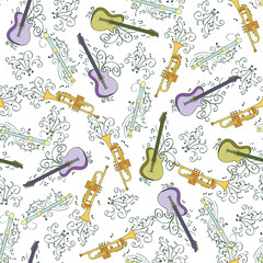 Vector Musical Instruments Seamless Pattern. Guitar Flute