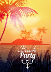 Beach Party Poster with Tropical Island and Palm Trees  - Vector Illustration