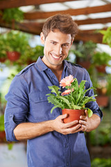 Mann mit Gerbera im Blumenladen