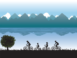 Naklejka premium Black silhouettes of family on bicycles.