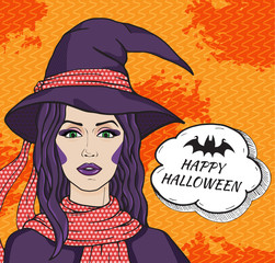 Retro witch girl in costume with speech bubble and message Happy Halloween