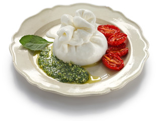 burrata, fresh italian cheese made from mozzarella and cream.
