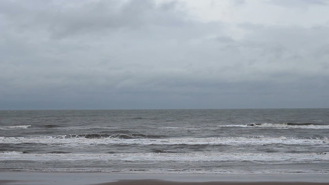 Waves rolling on the beach on a stormy day. Seagulls fighting the wind in the air.