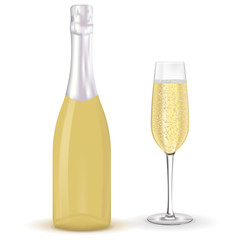 Bottle of champagne and a glass with sparking wine.