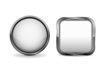 Buttons. White shiny glass sphere and square button with metal frame.