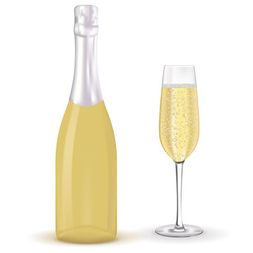 Bottle of champagne and a glass with sparking wine.
