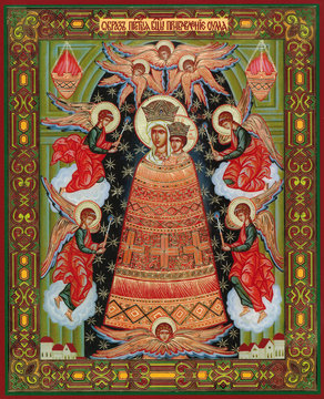 MOSCOW, RUSSIA - October 9, 2015: orthodox icon of the Virgin "Mind addition", a prototype were drawn in the XVII century by the mad artist and recovered