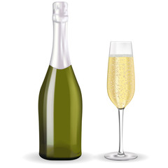 Champagne. Glass of sparkling wine and bottle.