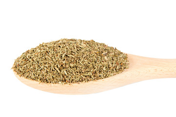 Thyme in wooden spoon  on white background.