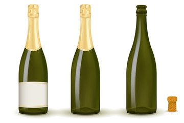 A bottle of champagne. Empty bottle of wine, champagne with wine cork.