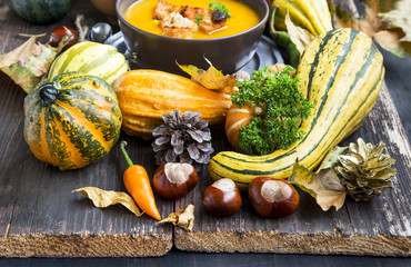 Autumn Decorations with Pumpkins,Leaves,Chestnuts