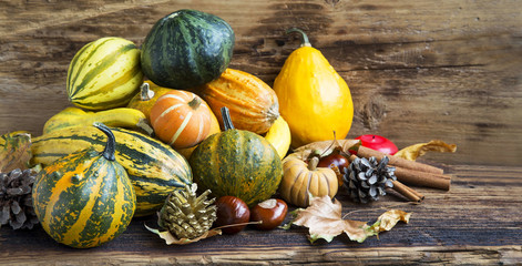 Autumn Decorations with Pumpkins,Leaves,Chestnuts
