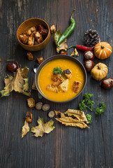 Fall Pumpkin Soup with Croutons and Parsley