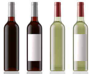 Red and white wine bottles clean and with labels isolated on white background with reflection