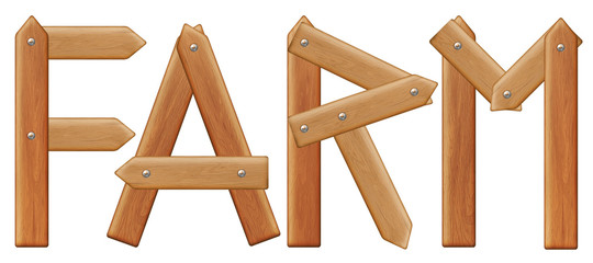 Vector farm word, made from wooden boards, isolated on white