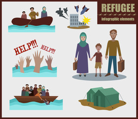 Refugee vector infographic elements. set of flat icons cartoon character design. . illustration. Fleeing war.