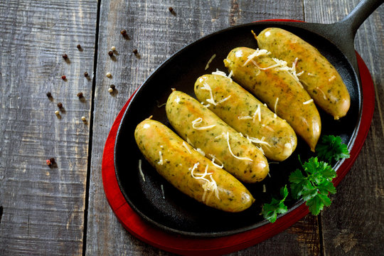 Grilled sausage with cheese and herbs, hot dish BBQ