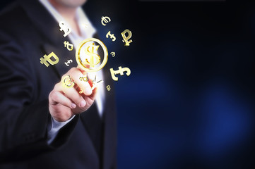 Currency gold symbols in a man hand