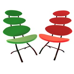 two modern chairs with three pieces on its back
