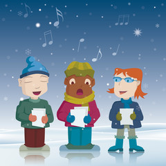 Singing Christmas. Illustration of three children singing in a snowed landscape