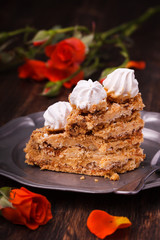 The homemade cake,decorated with meringue.selective focus