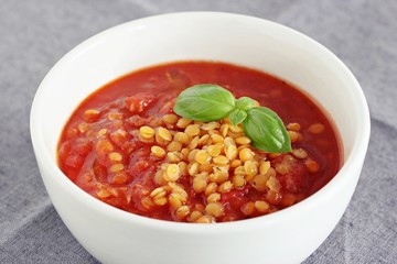 Tomato and lentil cream soup.Selective focus 