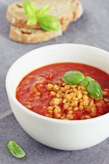 Tomato and lentil cream soup.Selective focus 