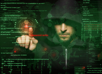 hacker at work with graphic user interface around