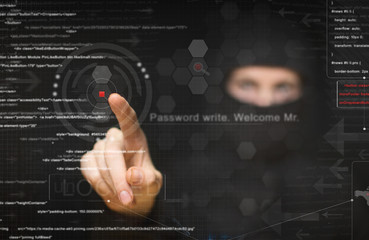 hacker at work with graphic user interface around