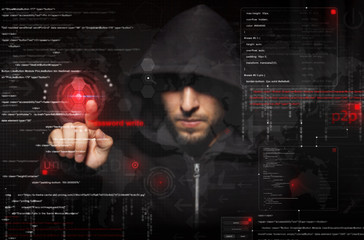 hacker at work with graphic user interface around