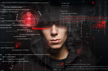 hacker at work with graphic user interface around
