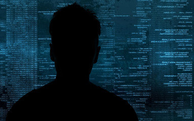 hacker at work with graphic user interface around