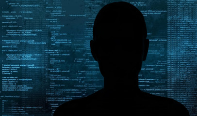 hacker at work with graphic user interface around