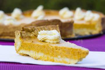 Sweet pumpkin pie with cream close up