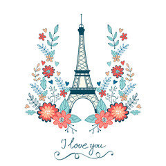 Fototapeta na wymiar Concept love card with Eiffel tower and floral wreath