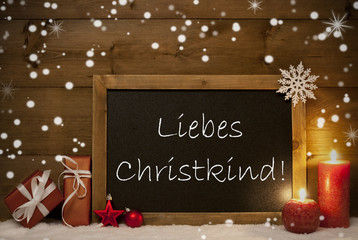 Fototapeta na wymiar Christmas Card, Blackboard, Snowflakes, Christkind Mean Santa 