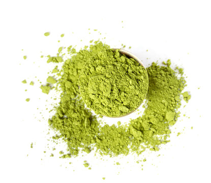 Powder green tea isolated on white background