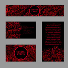 Four cards with the texture of red coral and sample text 
