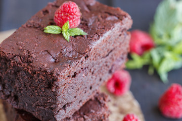 Chocolate brownie with raspberries.selective focus