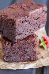 Chocolate brownie with raspberries.selective focus