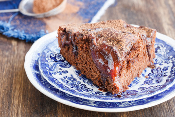 Chocolate cake with plums.selective focus