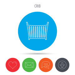 Baby crib bed icon. Cradle or cot sign.
