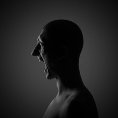 Screaming man in profile. Studio portrait in low key