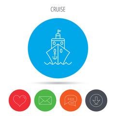 Cruise icon. Ship travel sign.