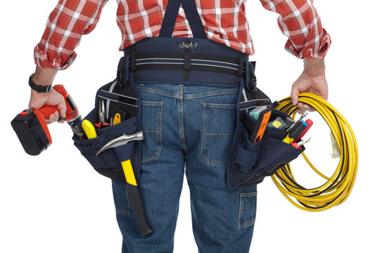 Electrician man with drill and wire cable.