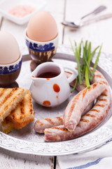 Breakfast, eggs, Soseki grill and toast on a tray. selective focus