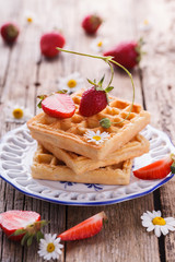 Waffles with strawberries  for Breakfast,Belgian.selective focus
